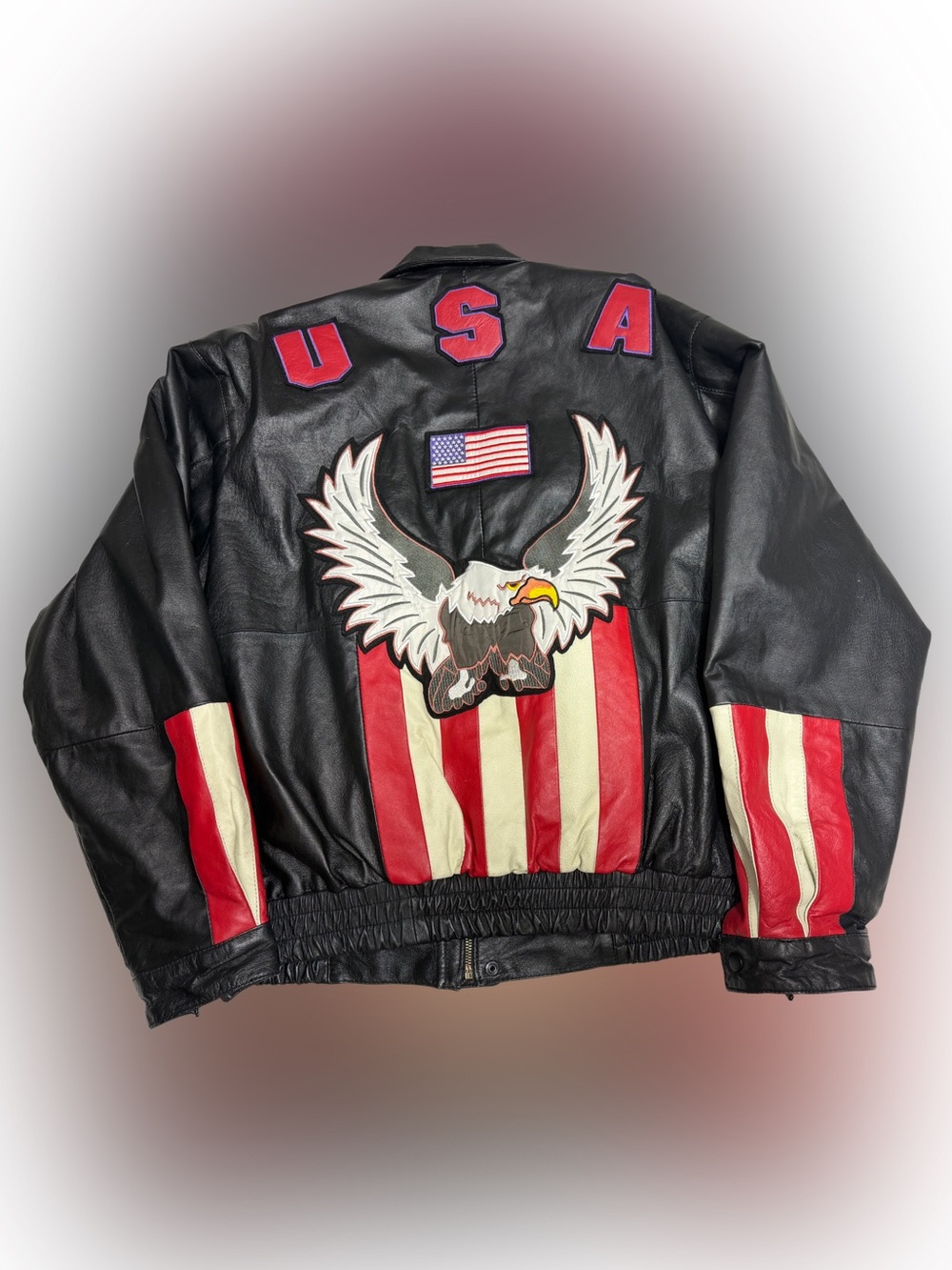 Vintage USA Leather Embroidered Bald Eagle Flag Biker Jacket Mens XXL NO FLAWS